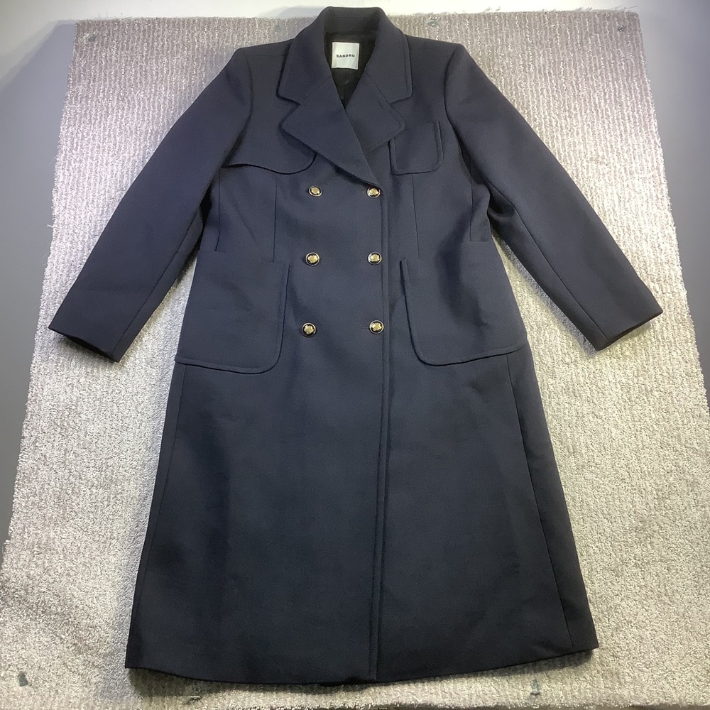 Sandro Marine Navy Wool Blend Long Double Breasted Coat Size 40 NWT